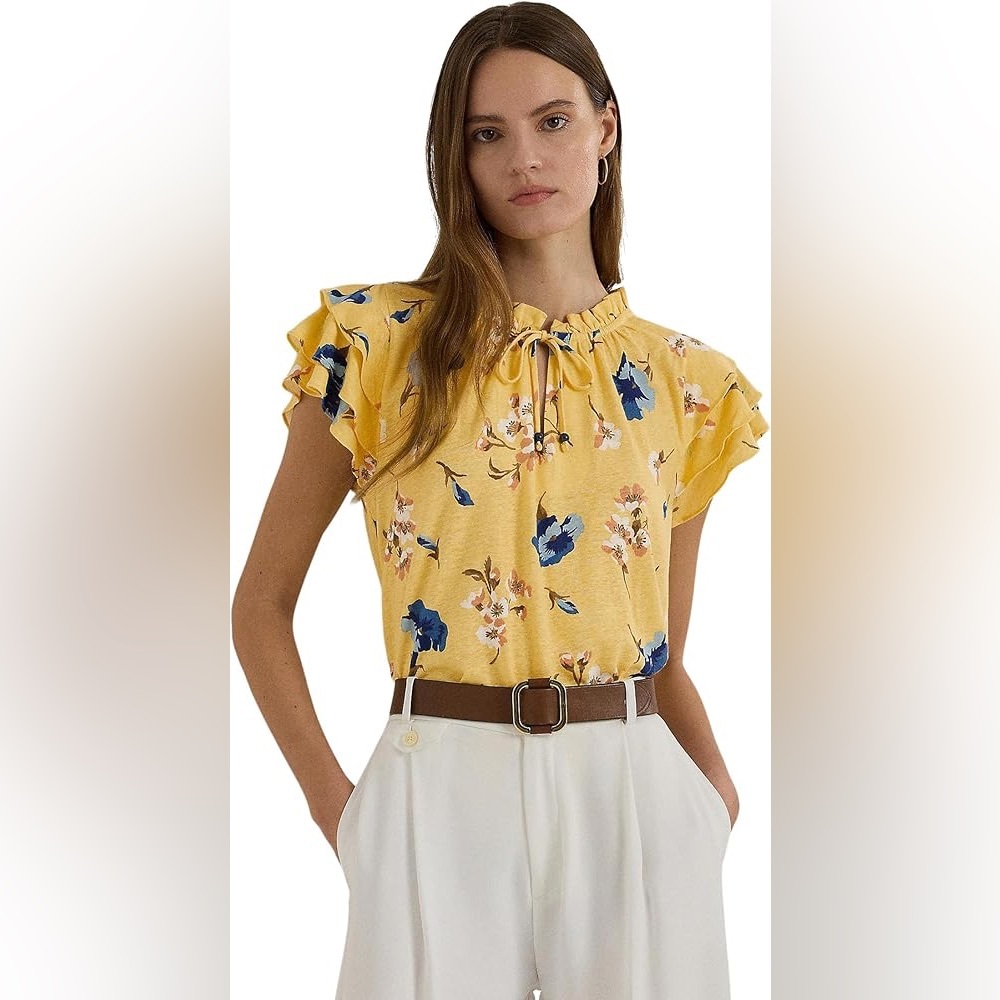 Floral Linen- Blend Jersey Tie- Neek Top.
Size XS